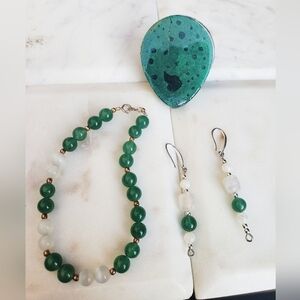 925 solid sterling silver SET BRACELET EARRINGS AND RESIN MAXI RING GREEN JADE